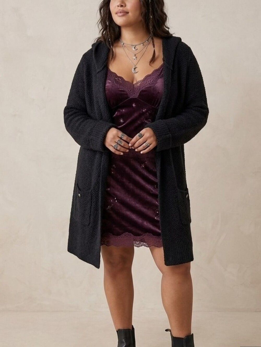 AE Sport Black Hooded Open-Front Women's Wool Blend Long Sweater Cardigan